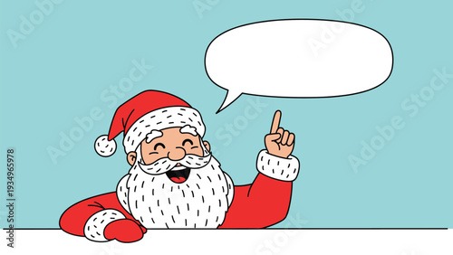 Jolly cartoon Santa Claus pointing up with a blank white speech bubble for text on a soft blue background for Christmas greetings.