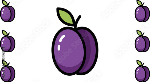 Single Purple Plum With Leaf And Repeated Smaller Variations