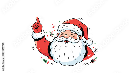 Expressive cartoon illustration of Santa Claus pointing upwards with a happy smile surrounded by festive leaves and decorative winter elements.
