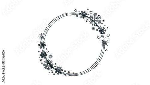 Elegant circular frame design composed of delicate black line drawings of snowflakes, stars, and dots for festive winter and holiday borders.