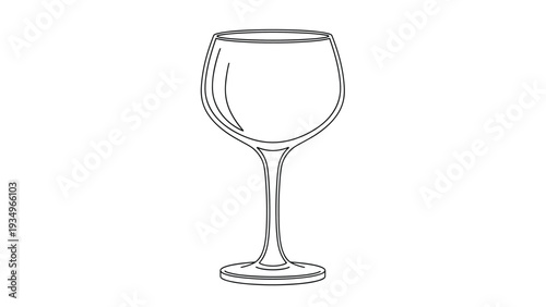 Simple black and white line art illustration of an elegant empty wine glass with a long stem and a rounded bowl for dining and celebration.