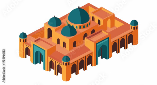 Isometric illustration of a mosque with orange walls and blue domes.