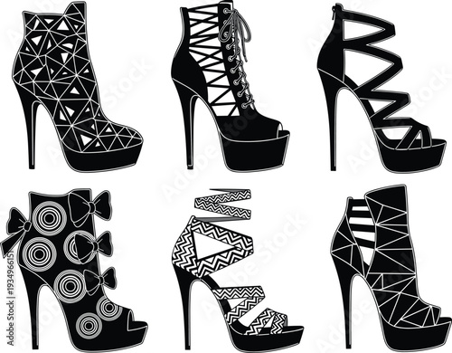 High heel shoe illustration, artistic stiletto design, fashion footwear artwork, creative pattern motif, stylish shoe sketch, trendy decorative fashion silhouette