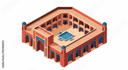 Isometric illustration of a courtyard with arches and a central pool.