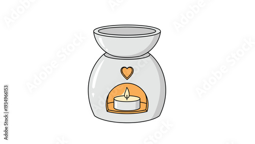 Cute illustration of a white ceramic oil burner with a heart cutout and a lit tealight candle inside casting a warm orange glow.