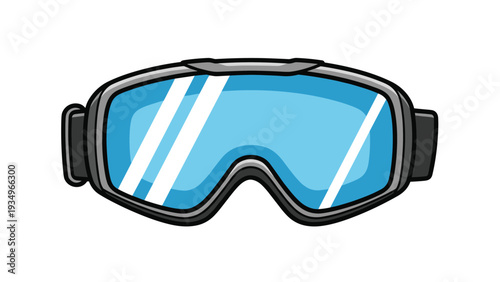 Colorful vector illustration of professional winter sports goggles with a black frame and reflective blue tinted lenses for skiing.