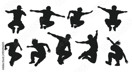 Collection of nine black silhouette figures jumping in various dynamic poses, Generative AI.