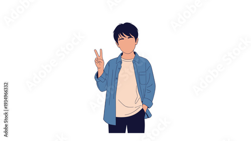 Cool teenage boy character wearing a blue open shirt over a beige t-shirt and dark pants giving a peace sign gesture.