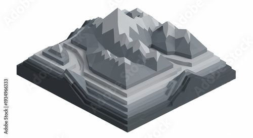3D Isometric Mountain Landscape with Winding Road.