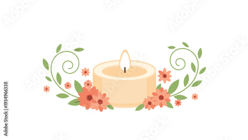 Warm and gentle illustration of a small lit candle surrounded by soft peach flowers and swirling green leafy vines for peace.