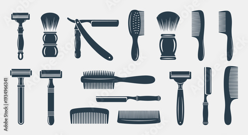 Collection of various hairbrushes and razors for grooming and styling on a light gray background, Generative AI.