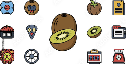 Assorted Kiwi Fruit And Food Related Flat Graphic Collection