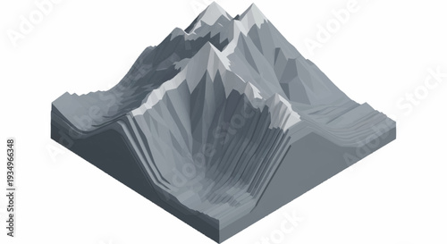 3D rendering of a gray mountain range with sharp peaks and valleys.