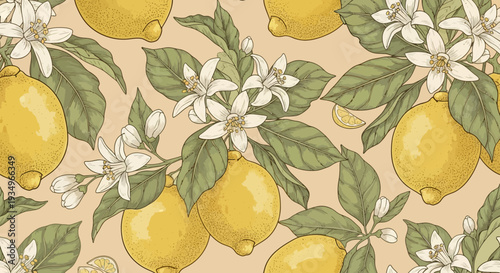 Seamless pattern of lemons and flowers on a beige background.