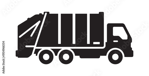 Garbage truck icon in black silhouette, side perspective, simple flat vector illustration isolated on white background.