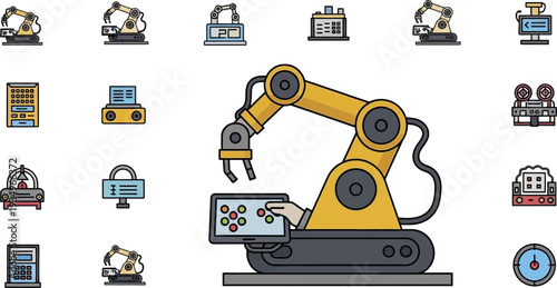 Industrial Robotic Arm Surrounded By Automation Control Symbols