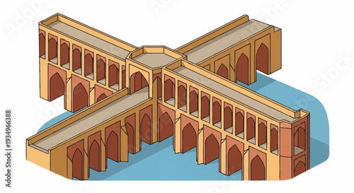 3D rendering of a grand symmetrical bridge with arches over water.
