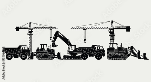 Black silhouette illustration of heavy construction equipment and cranes on a with industrial vehicles, Generative AI.