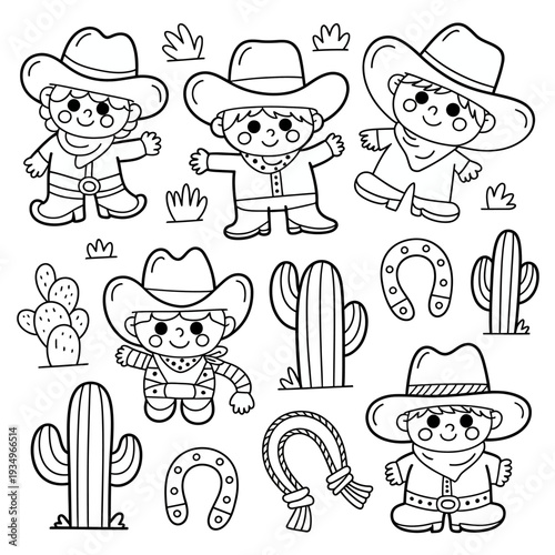Cartoon cowboy characters with cacti and western accessories cactus line black and white
