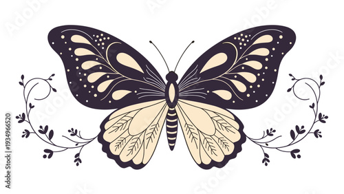 Beautifully decorated symmetrical butterfly illustration with dark wings featuring light beige spots and delicate leafy vines.