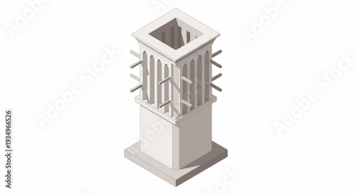 3D rendering of a modern architectural tower model with square base and open top.