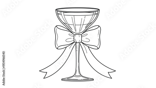 Detailed black and white line art of a champagne coupe glass filled with liquid and decorated with a large festive bow ribbon.