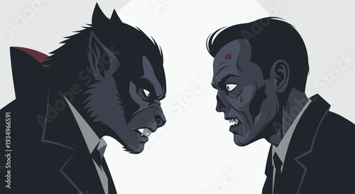A dark illustration of a werewolf and a man in suits facing each other on isolated with intense expressions, Generative AI.