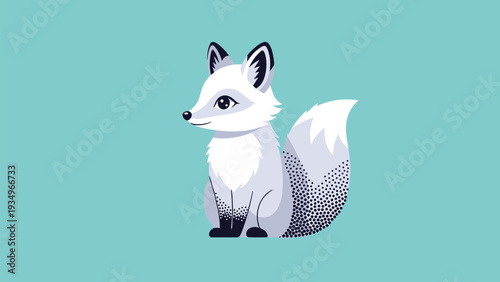 Cute white arctic fox sitting on a turquoise background with stylized shading and black dotted patterns on its tail.