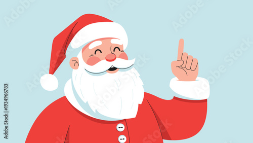 Illustration of a cheerful Santa Claus in his traditional red suit pointing one finger upwards with a big joyful smile.