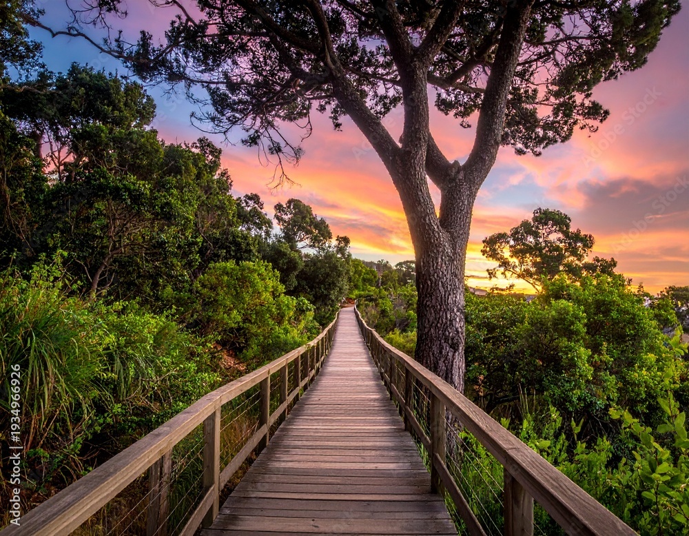 Fototapeta premium Wooden pathway through lush green forest leading towards a vibrant sunset sky with a large tree.