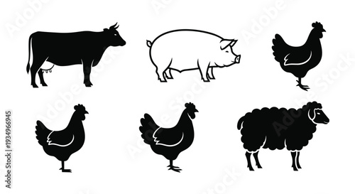 Black silhouettes of farm animals including cow pig chickens and sheep, Generative AI.