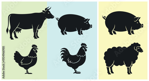 Collection of black silhouettes of farm animals on colored backgrounds, Generative AI.