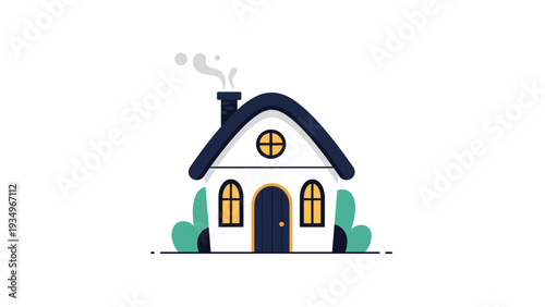 Cozy small house with a dark roof smoking chimney and lit windows surrounded by green bushes on a quiet night.