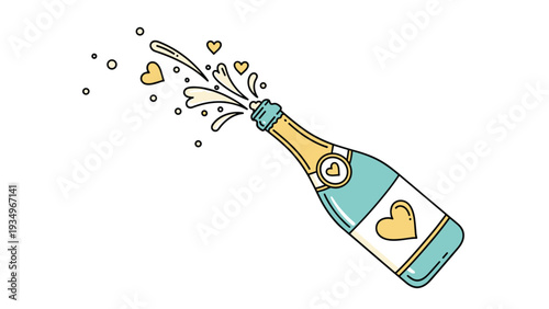 Festive champagne bottle popping its cork with liquid spray and small golden hearts coming out of the bottle top.