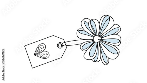 Decorative gift tag with a hand-drawn heart pattern attached to a large light blue ribbon bow in a flower shape.