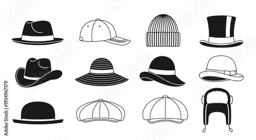 Collection of various hats and caps in different styles and designs, Generative AI.