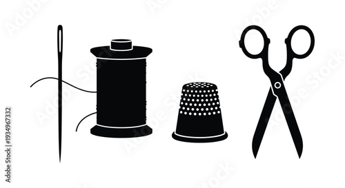 Black and white illustration of sewing tools including a needle spool of thread thimble and scissors on a pure, Generative AI.
