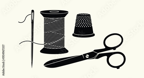 Black and white illustration of sewing tools including scissors thimble thread spool and needle on a cream background, Generative AI.