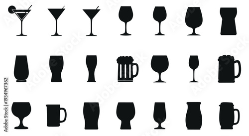 Collection of various drinking glasses and cups in black silhouette, Generative AI.