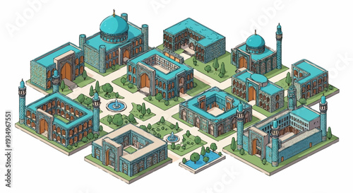 Isometric illustration of a mosque complex with multiple buildings and gardens.