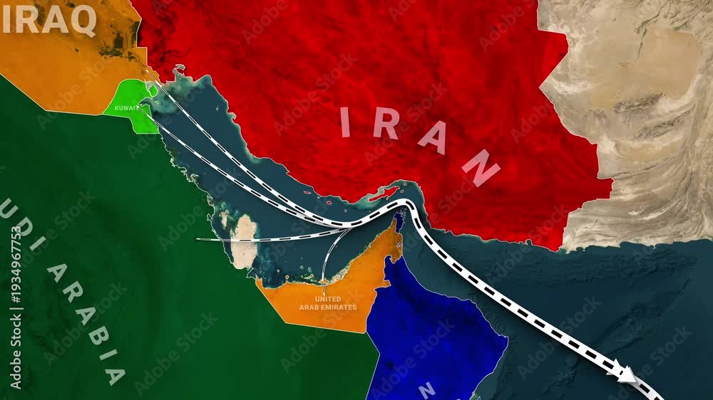 Strategic map of the Middle East featuring the Strait of Hormuz and ...