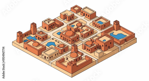 Isometric illustration of a medieval village with various buildings and courtyards.