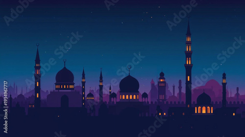 Vector illustration of a Ramadan vibe cityscape at night Background