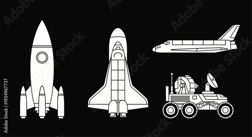 Space shuttle and rocket with space rover, Generative AI.