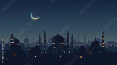 Vector illustration of a Ramadan vibe cityscape at night Background