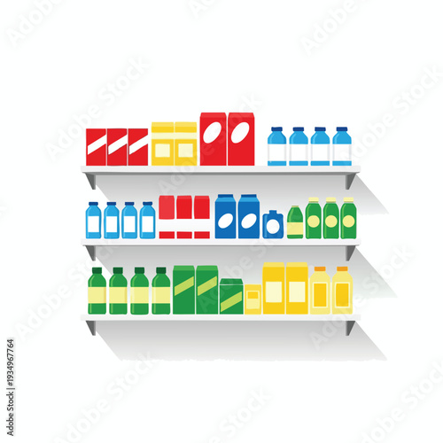 Organized Store Shelves Displaying Beverages and Packaged Goods