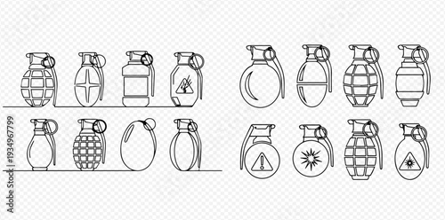 Set of various hand grenades in outline style, isolated on transparent background, vector illustration.