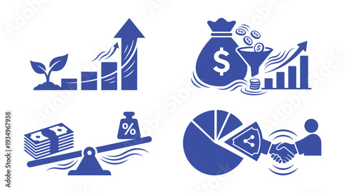 Comprehensive blue business icons showing financial growth bar charts money bags investment funnels seesaw balance scales pie charts and professional corporate handshakes