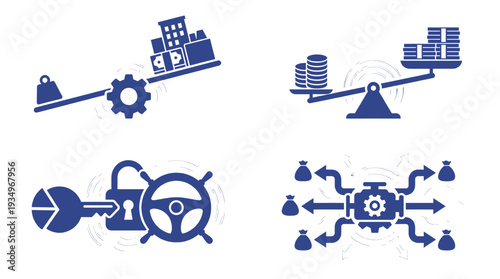 Blue operational icons featuring weighted seesaw balances with buildings financial keys for locking assets and complex engine mechanical distribution systems