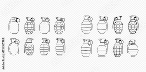 Set of black and white line art illustrations featuring various hand grenades on a transparent background.